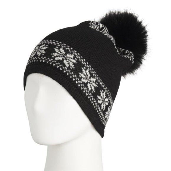 NEW HANNAH ROSE Merino Wool Snowflake Hat with Faux Pom Pom Black 267tn - Picture 1 of 5
